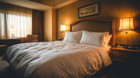 A modern hotel bedroom with a comfortable bed, ambient lighting, and elegant decor.の素材