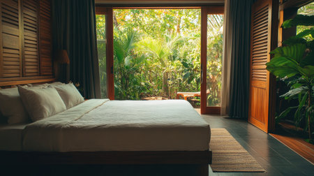 A luxury resort hotel room with an open-air concept, elegant wooden accents, and tropical plants.の素材