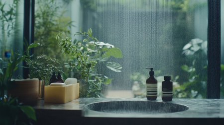 A luxury hotel bathroom with a rain shower, elegant marble sink, and premium toiletries.の素材