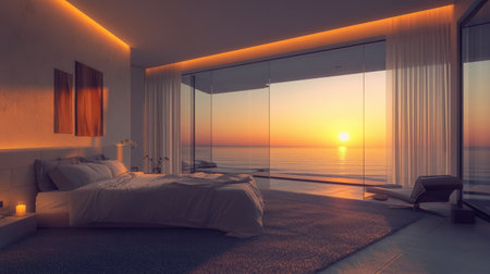 A modern hotel suite with a king-size bed, plush carpet, and a stunning window view.の素材