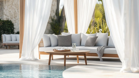 A luxury hotel poolside cabana with white curtains, cozy cushions, and a cocktail table.の素材