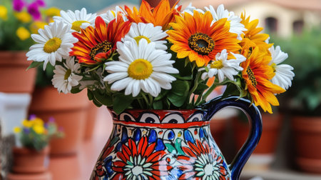 A bold sunflower and daisy arrangement in a hand-painted ceramic jug.の素材