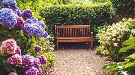 A charming English garden with a wooden bench surrounded by lush hydrangeas and gardenias.の素材