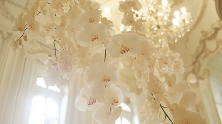 A cascading arrangement of fresh orchids in a minimalist white interior.の素材
