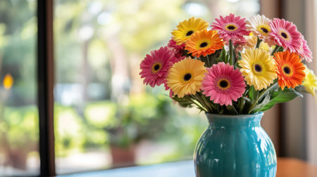 A colorful bouquet of fresh gerbera daisies arranged in a bright blue ceramic vase.の素材