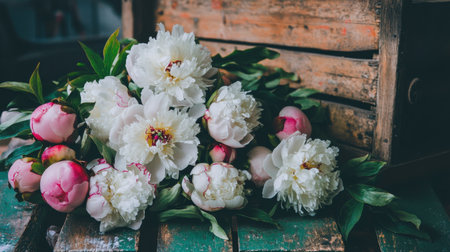 A bouquet of white and blush pink peonies sitting in a charming country-style kitchen.の素材