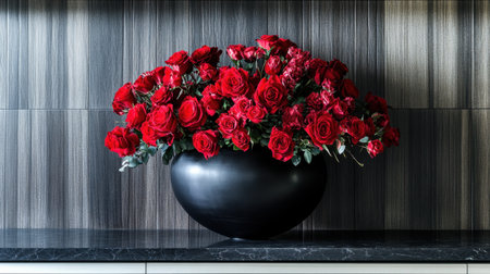 A bold and modern monochrome floral arrangement with all-red roses in a black vase.の素材