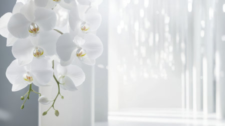 A cascading arrangement of fresh orchids in a minimalist white interior.の素材