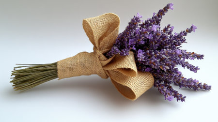 A bouquet of fresh lavender sprigs tied together with a simple burlap ribbon.の素材
