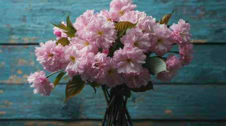 A bouquet of fresh cherry blossoms in full bloom, placed on a rustic wooden surface.の素材