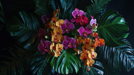 A botanical arrangement featuring a bouquet of exotic orchids and monstera leaves.の素材