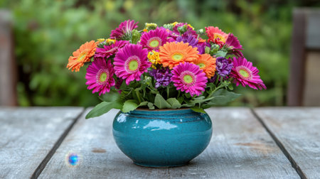 A colorful bouquet of fresh gerbera daisies arranged in a bright blue ceramic vase.の素材