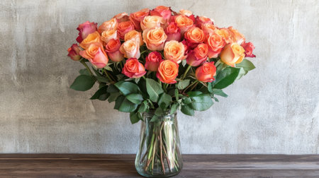 A bouquet of fresh roses in soft pastel colors, arranged in a vintage glass vase on a wooden table.の素材