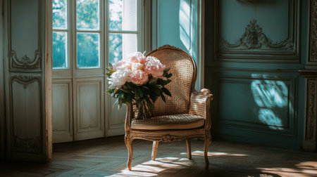 A bouquet of pink and white peonies arranged in a chic Parisian-style interior.の素材