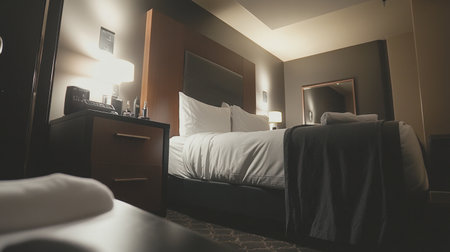 A cozy hotel room with a neatly arranged bed, bedside table, and elegant decor.の素材