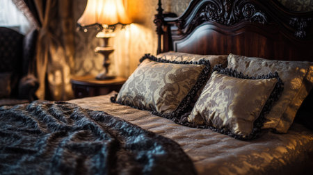 A cozy hotel room with an inviting bed, elegant lighting, and well-placed decor elements.の素材