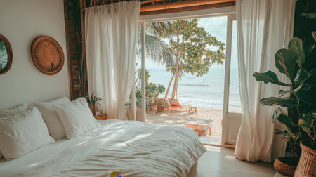 A delicate composition of fresh wisteria flowers cascading down from a wooden arch.の素材