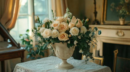 A classic Victorian floral arrangement in a porcelain vase with intricate patterns and pastel roses.の素材