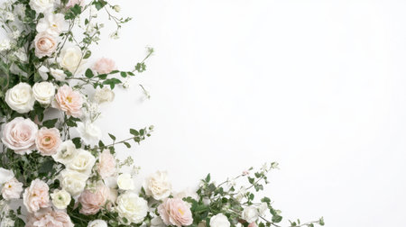 A cascading floral arch arrangement with soft pink and ivory blooms intertwined with ivy.の素材