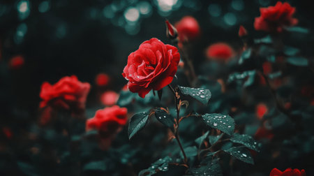 A close-up of dewdrops on fresh red roses, with a blurred soft-focus background.の素材