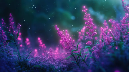 A dreamy night garden with glowing bioluminescent flowers under a starry sky.の素材