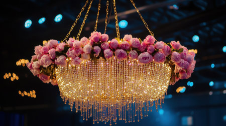 A glamorous floral chandelier with pink peonies and twinkling fairy lights.の素材