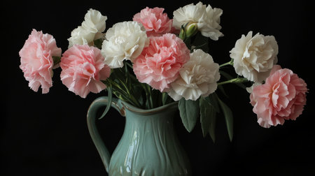 A fresh bouquet of pink and white carnations arranged in a ceramic pitcher.の素材
