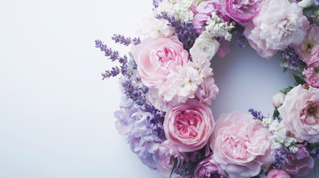 A fresh springtime floral wreath made from pastel roses, lavender, and wildflowers.の素材