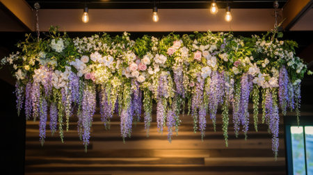A lush floral chandelier arrangement with hanging wisteria, roses, and fairy lights.の素材