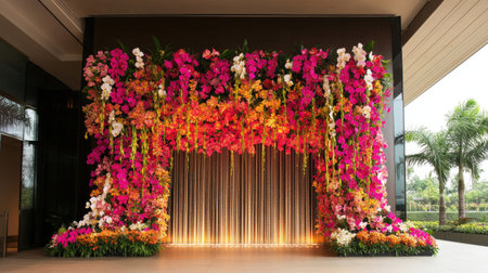 A luxurious flower display with a cascading waterfall effect of orchids and tropical blooms.の素材