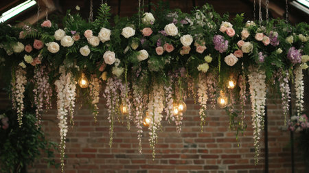 A lush floral chandelier arrangement with hanging wisteria, roses, and fairy lights.の素材