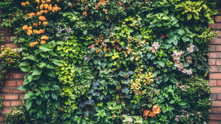 A lush vertical garden with cascading flowers and green vines covering a brick wall.の素材