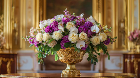 A luxury floral arrangement featuring orchids and roses in a gold-trimmed vase.の素材