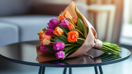 A luxury floral bouquet wrapped in fine silk paper, resting on a modern glass table.の素材