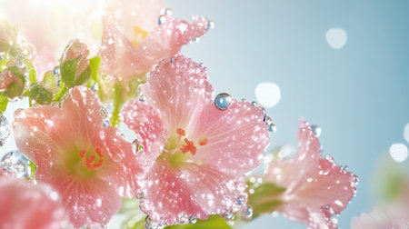 A magical flower garden covered in morning dew, illuminated by soft sunrise light.の素材