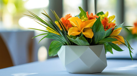 A modern floral centerpiece featuring bright tropical flowers in a geometric vase.の素材