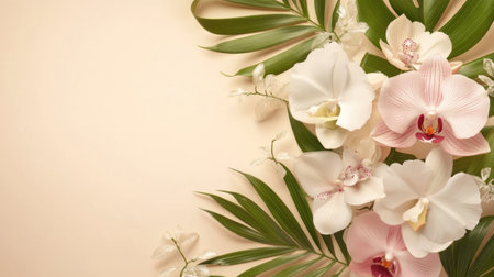 A modern floral composition of orchids and tropical leaves, displayed in a minimalist setting.の素材