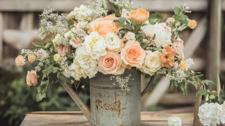 A pastel-hued floral arrangement styled in a vintage watering can for a charming country aesthetic.の素材