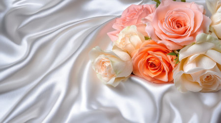 A romantic bouquet of soft pink and peach-colored roses on a silky white fabric.の素材