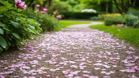 A romantic floral pathway covered in delicate pink cherry blossom petals.の素材