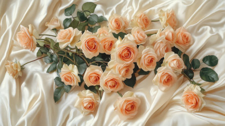 A romantic bouquet of soft pink and peach-colored roses on a silky white fabric.の素材