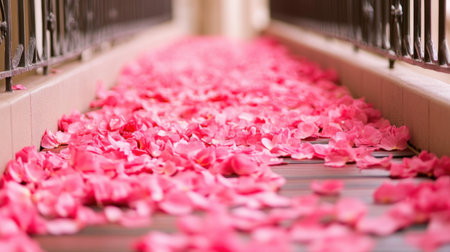 A romantic floral pathway covered in delicate pink cherry blossom petals.の素材