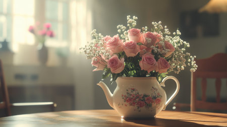 A romantic floral arrangement with pink roses and babys breath in a vintage teapot.の素材