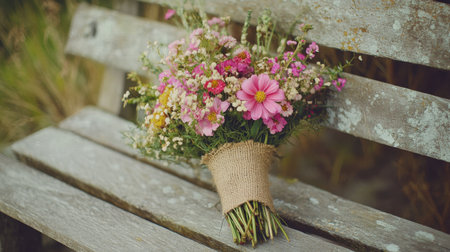 A rustic bouquet of wild pink flowers wrapped in burlap, placed on a wooden bench.の素材