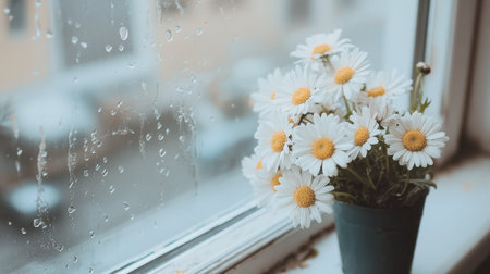 A soft-focus image of a bouquet of fresh daisies resting on a stone windowsill.の素材