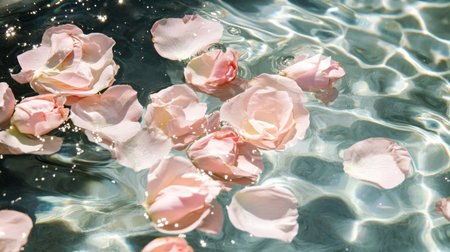 A romantic scene with pink rose petals floating gently on a clear water surface.の素材