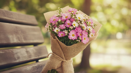 A rustic bouquet of wild pink flowers wrapped in burlap, placed on a wooden bench.の素材
