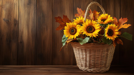 A rustic floral arrangement with sunflowers and autumn leaves in a woven basket.の素材