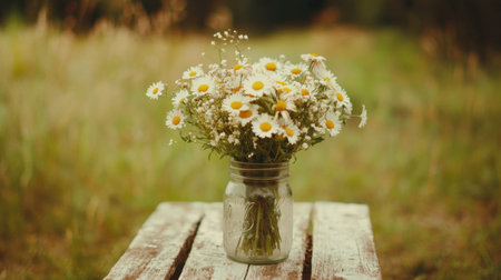A rustic wildflower bouquet in a vintage mason jar placed on a wooden surface.の素材