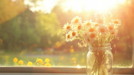 A vibrant bouquet of freshly cut daisies in a glass jar, sitting on a sunlit windowsill.の素材